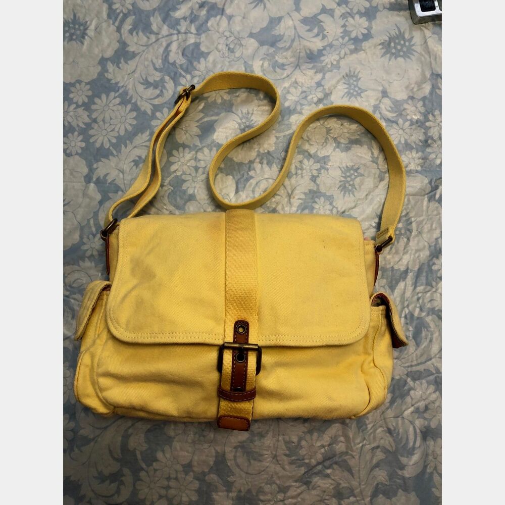 Vtg Fossil Yellow Canvas Messenger Bag Crossbody Striped Lining Y2K Multi Pocket